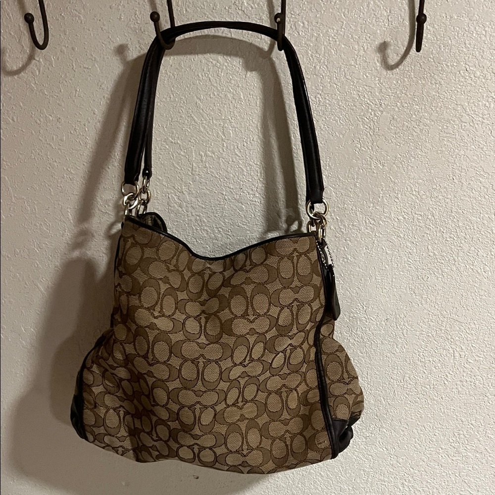Coach Tan and Black Signature Shoulder Bag